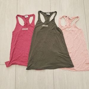 3 Gymshark back tie tank tops, xs, hot pink, peach, green